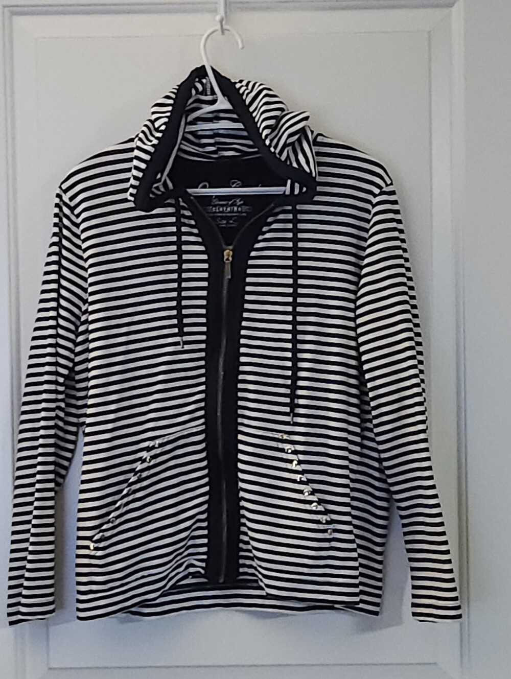 Onque Casuals Navy White Striped Full Zip Hoodie Sweatshirt Size L